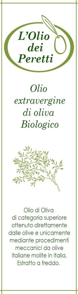 Label of L'Olio dei Peretti: Organic extra virgin olive oil.