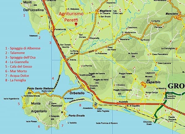 Karte mit allen Stränden von Argentario